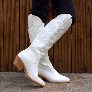 White Embroidered Knee High Western Cowboy Boots for Women